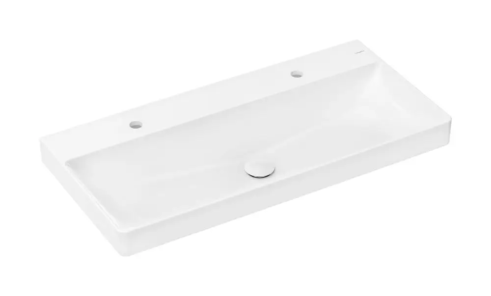 Waschtisch mit zwei Hahnlöchern, ohne Überlauf, in Weiß. Modell von Hansgrohe, mit einer glatten Oberfläche und durchgehendem Design.